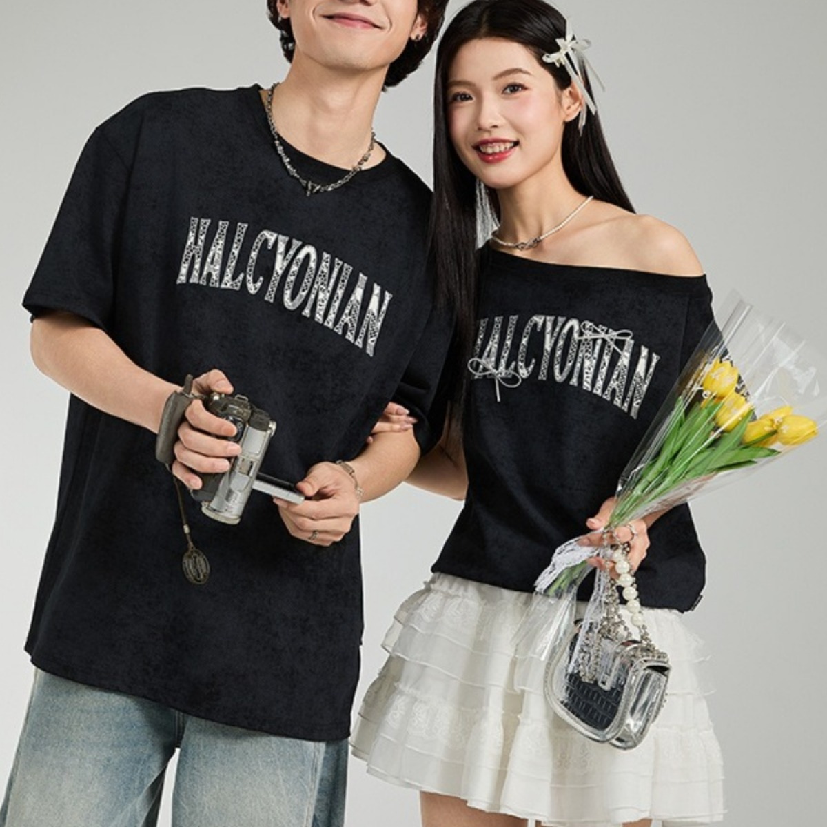 カップルペアルック ヴィンテージムード オフショル×ゆるシルエットTシャツ